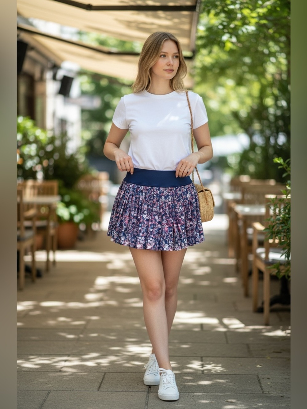 Offline by Aerie Navy Floral Pleated Skater Skirt with Pink Accents